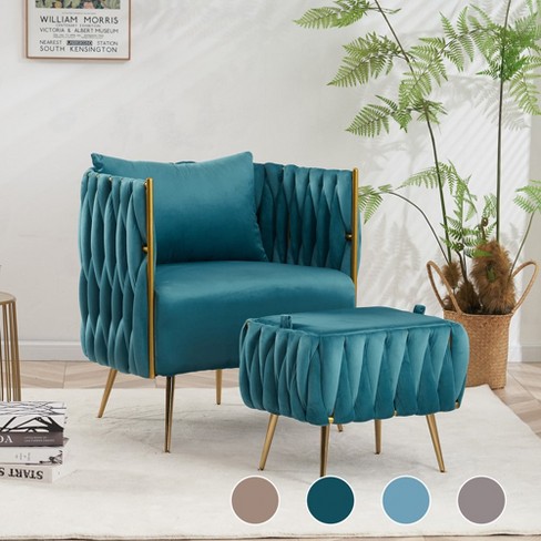 Ferpit Modern Upholstered Velvet Accent Chair And Ottoman Set, Peacock Blue  : Target