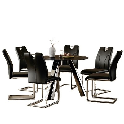 Infurnic Dining Sets Dining Table and Chair Set Mirror-polished Stainless Steel Base 6 Chairs Modern Luxury Round , Black, 42"*42"*29.5"