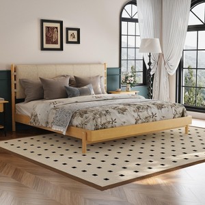 Mid-Century Modern King Platform Bed with Headboard – Solid Rubber Wood Frame in Walnut & Light Grey-- Frevyn - 1 of 4