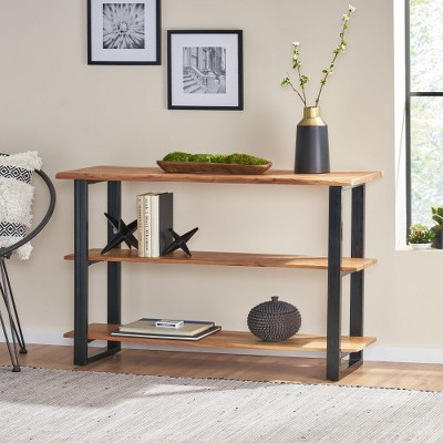 Handcrafted Acacia Wood TV Console – 48” Modern Industrial Media Table with Iron Frame & Open Shelves, Fits TVs up to 53”