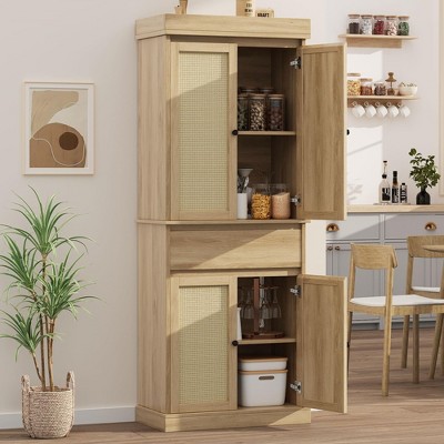 Tall Pantry Cabinet, Rattan Storage Cabinet with Doors & Drawers, Adjustable Shelves, 69 Inch Freestanding Cupboard for Bathroom Dining Room Living