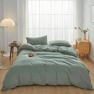 100 Washed Cotton Duvet Cover, Reversible Green, Breathable Soft - 1 of 4