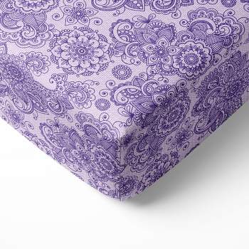 Bacati - Floral Scroll Printed Purple 100 percent Cotton Universal Baby US Standard Crib or Toddler Bed Fitted Sheet