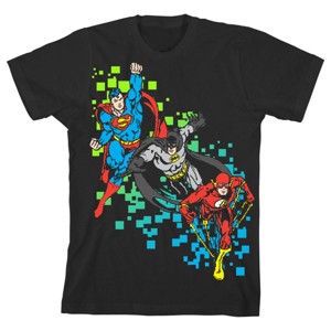 Justice League Superhero Trio Busting Blocks Black T-shirt Toddler Boy to Youth Boy - 1 of 3