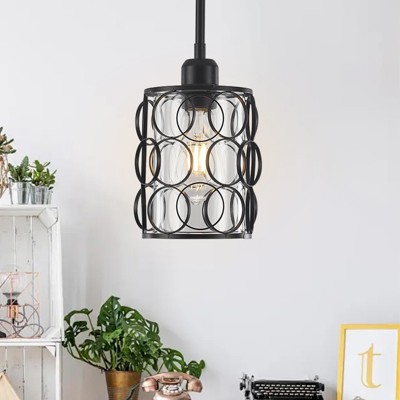 PAKOKULA 1-Light Matte Black Pendant Light with Open Metal Circle Cage and Clear Glass Shade