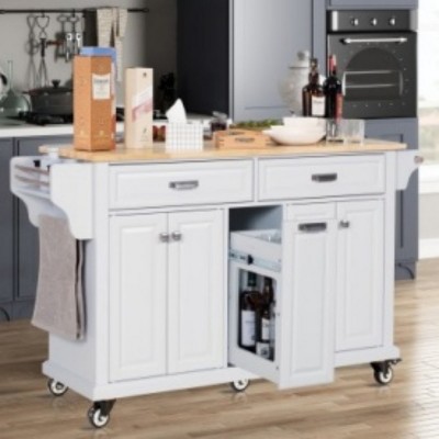Wood Top Kitchen Island Cart with Wheels, Drawers, Spice Rack, Rolling Storage Cabinet for Kitchen or Dining – The Pop Home