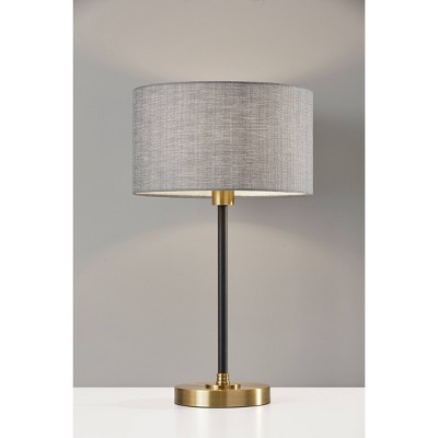 24" Black and Antique Brass Desk Lamp with Gray Fabric Shade