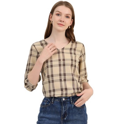 INSPIRE CHIC Women's V Neck 3/4 Sleeves Ligthweight Check Plaid Blouses