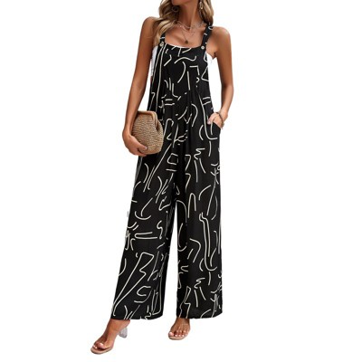 Women's Square Neck Overalls Printed Jumpsuit Loose Fit Wide Leg Jumpsuit With Pockets