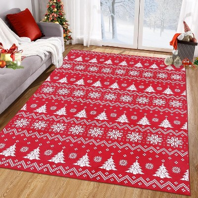 TackView Christmas Area Rug, Washable Large Rugs Xmas Snowflakes Rug, Soft Washable Carpet for Living Room Bedroom, Red