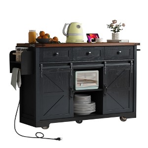TiramisuBest 53.7in Farmhouse Kitchen Island with Power Outlet, 2 Sliding Barn Door Kitchen Storage Island with Drop Leaf, Spice Rack Rol - 1 of 4