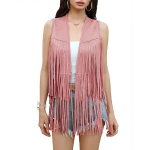 Womens Fringe Vest 70s Hippie Costume Sleeveless Cowgirl Western Faux Suede Tassel Leather Outerwear - 1 of 3