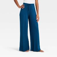 Women's Cozy Ribbed Wide Leg Pants - Auden Dark Blue L Short