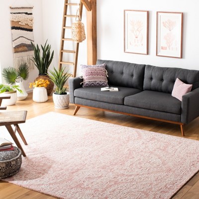Ivory and Pink Floral Hand-Tufted Wool Square Rug