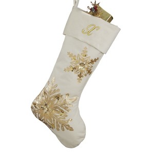 Personalization Mall Snowflake Embroidered Initial Ivory Christmas Stockings - 1 of 2