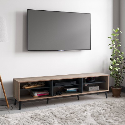 Light Brown and Gray TV Stand with Open Shelves for 85" TVs