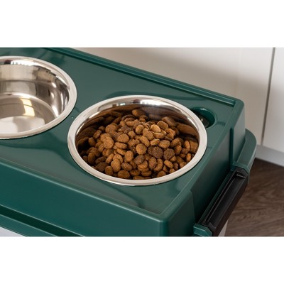 Large Green Elevated Feeder with Stainless Steel Bowls and Airtight Storage