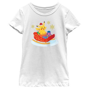 Girl's Pokemon Christmas Pikachu Sleigh T-Shirt - 1 of 4