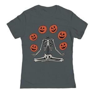Rerun Island Women Yoga Skeleton Pumpkins Short Sleeve Graphic Cotton T-Shirt - 1 of 4
