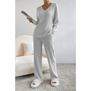 Ribbed Knit V Neck Slouchy Two-piece Loungewear Set - 1 of 2