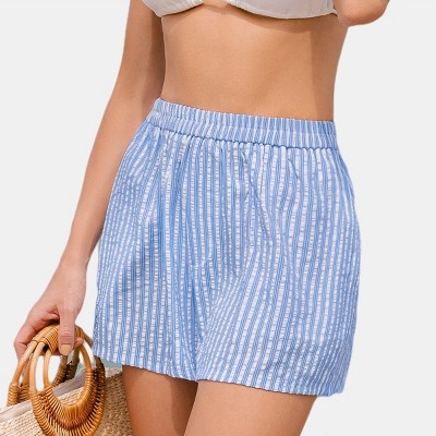 Women's Breezy Blue Striped Beach Shorts with Elastic Waistband - Cupshe