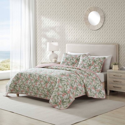 Full White Cotton Reversible Quilt Set with Botanical Print