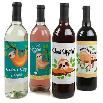 Big Dot of Happiness Let's Hang - Sloth - Baby Shower or Birthday Party Decorations for Women and Men - Wine Bottle Label Stickers - Set of 4