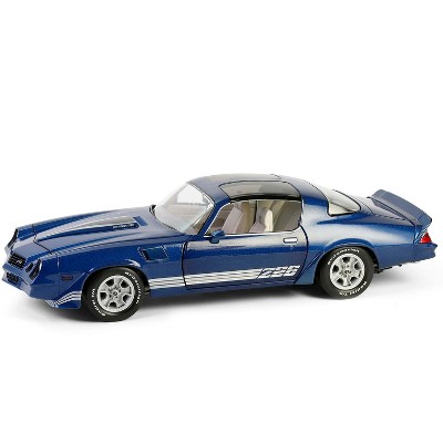 1980 Chevrolet Camaro Z28 with T-Tops Dark Blue Metallic w/Stripes and Light Gray Interior 1/18 Diecast Model Car by Greenlight