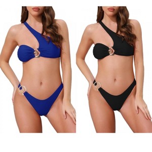 INSPIRE CHIC Women's Asymmetric One Shoulder Metallic Decoration Triangle Bottom Swimwear Bikini Suits 2 Sets - 1 of 4