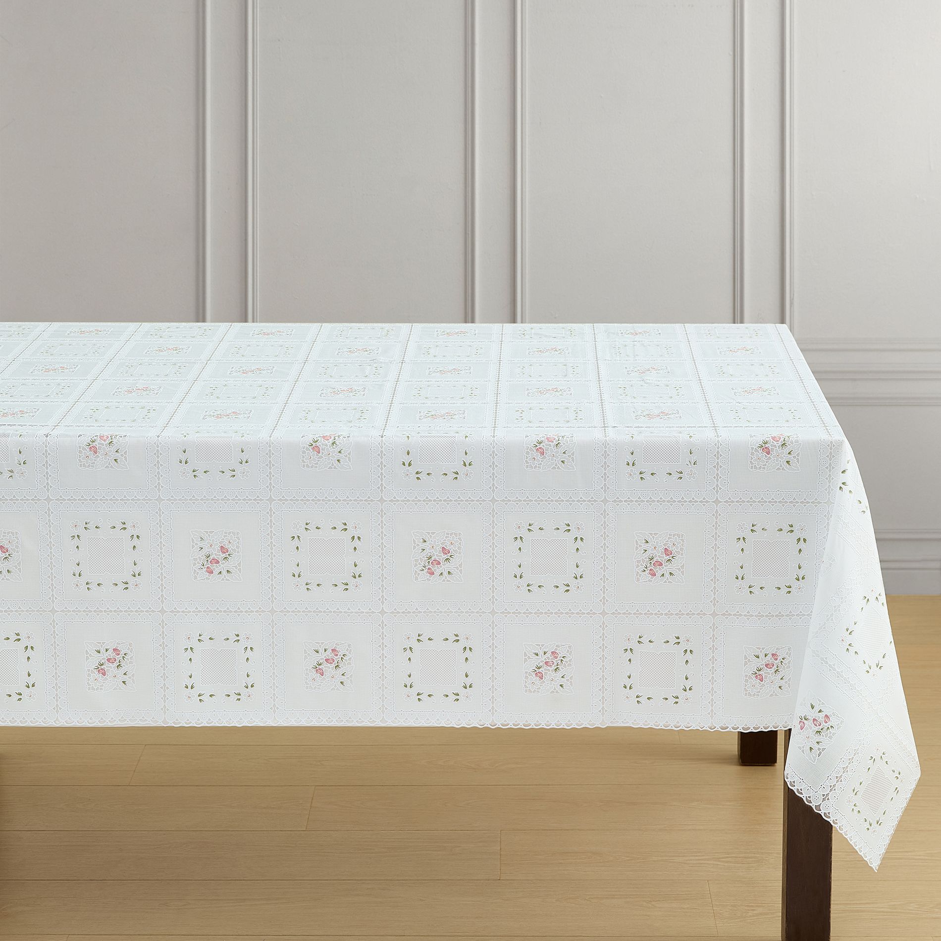 Floral Lace-Inspired 3-Yard Cut-to-fit Vinyl Tablecloth/Table Protector - White - 54x108 - Elrene Home Fashions