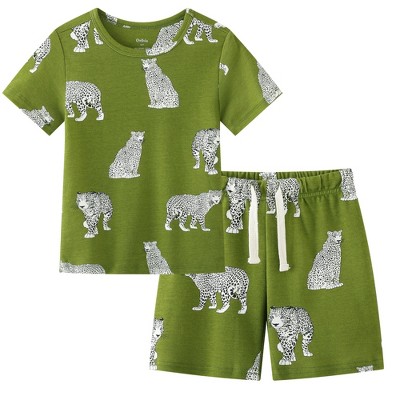 Owlivia Organic Cotton Toddler Short Sleeve Pajama Sets, Baby Summer 2Pc Sleepwear - Green Cheetah