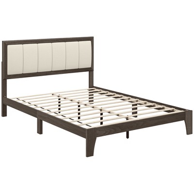 HOMCOM Bed Frame with Upholstered Headboard, Platform Bed Frame with Wooden Slats, No Box Spring Needed, Easy Assembly