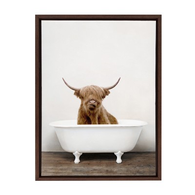 Highland Cow in Tub Brown and White Framed Canvas Print