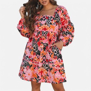 Amaryllis Women's Bold Print Long Sleeve Dress Square Neck Tiered Skirt Flowy Boho Chic with Pockets - 1 of 4