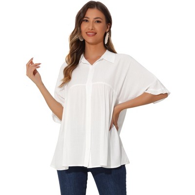 INSPIRE CHIC Women's Casual Babydoll Half Sleeve Turndown Collar Ruffle Hem Button Down Blouse