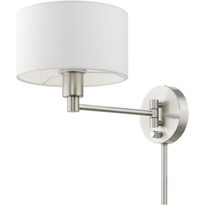Transitional Brushed Nickel Swing Arm Wall Lamp with Off-White Shade