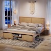 Natural Rattan King Size Bed Frame with Sliding Barn Door Storage Cabinets and Headboard - 2 of 4