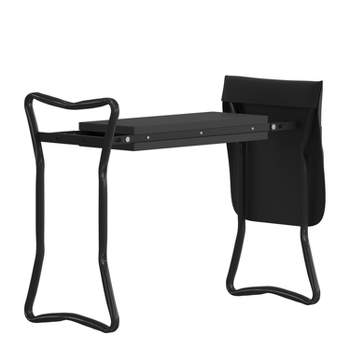 Emma and Oliver Foldable Black Garden Kneeler, Weather Resistant Iron Frame with Black Foam Seat and Included Tool Storage Pouch