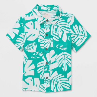 Boys' Adaptive Short Sleeve Palm Leaf Woven Top - Cat & Jack™ Teal Green