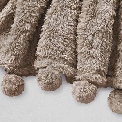 Twin Tan Taupe Sherpa Fleece Throw Blanket with Pom-Pom Fringe