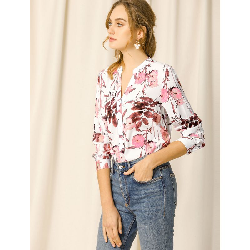 Allegra K Women's Floral Loose V Neck Long Sleeve Button-Up Shirt, 3 of 8