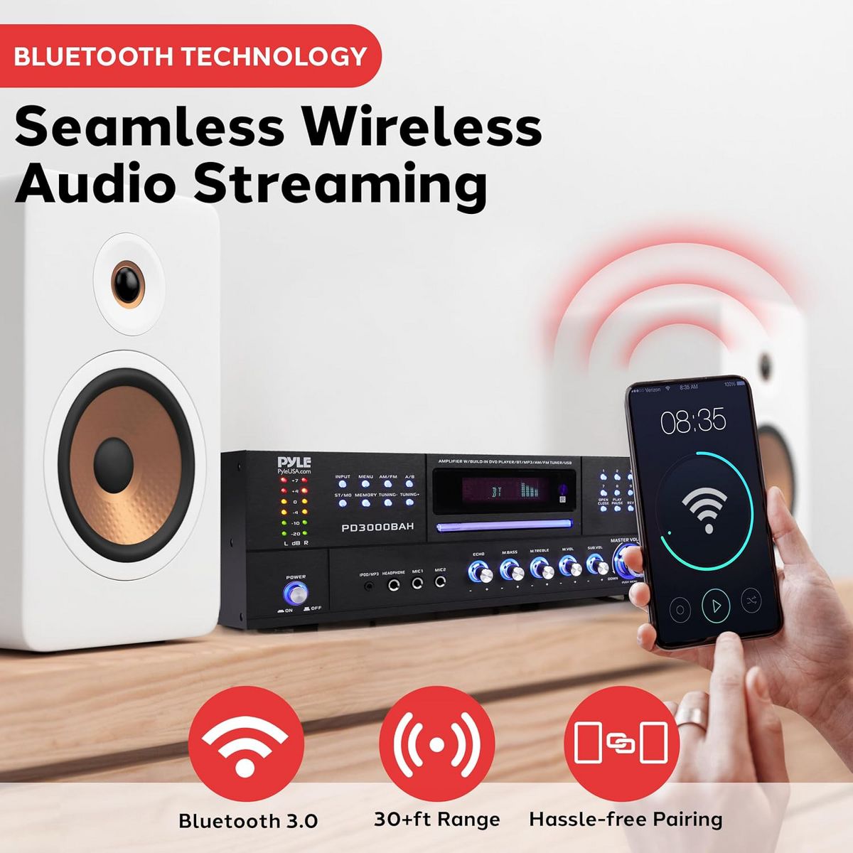 Pyle 4-Channel Bluetooth Home Theater Amplifier with CD/DVD Player (PD3000BAH)