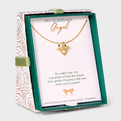 14K Gold Dipped Cubic Zirconia Open Heart Angel Wings Pendant Necklace - Gold