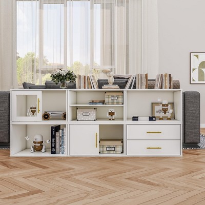 Heynemo 6 Pieces Cube Storage Organizer, Stackable 24" Small Open Bookcase with Drawers & Adjustable Shelf for Small Space
