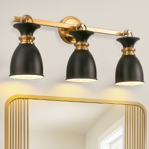 DORESshop 25 in. 3-Light Black and Gold Vanity Light with Black Cone Metal Shade Wall Sconce for Bathroom Vanity and Hallway - 1 of 4