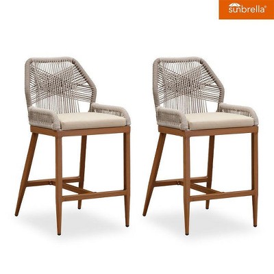PURPLE LEAF Patio Sunbrella Bar Stools Set of 2 Handwoven Wicker Bar Height Stool Modern Aluminum Outdoor Wicker Barstools with Back and Cushion