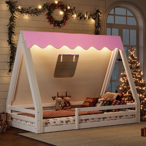 TIRAMISUBEST Twin/Full Size Kids House Bed Frame with Tent & Light Strips, Wooden Floor Bed with Guardrail - 1 of 4