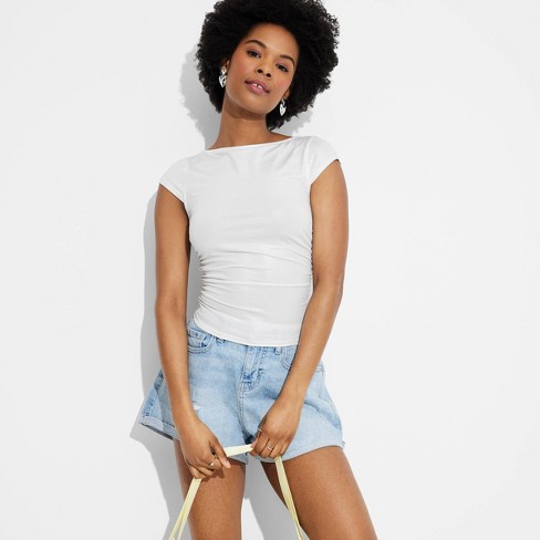 Women's Rib Ruched Side Tee in White