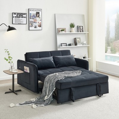 55.5" Velvet Convertible Pull-Out Sofa Bed with USB Port and Toss Pillows