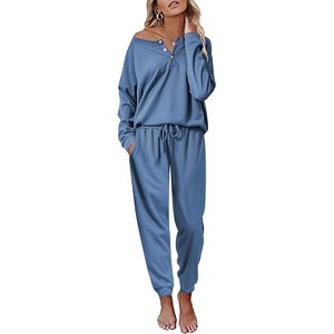 Ekouaer Pajamas Women's Waffle Knit Sleepwear Long Sleeve Top with Pants Casual Pjs Loungewear - 1 of 4